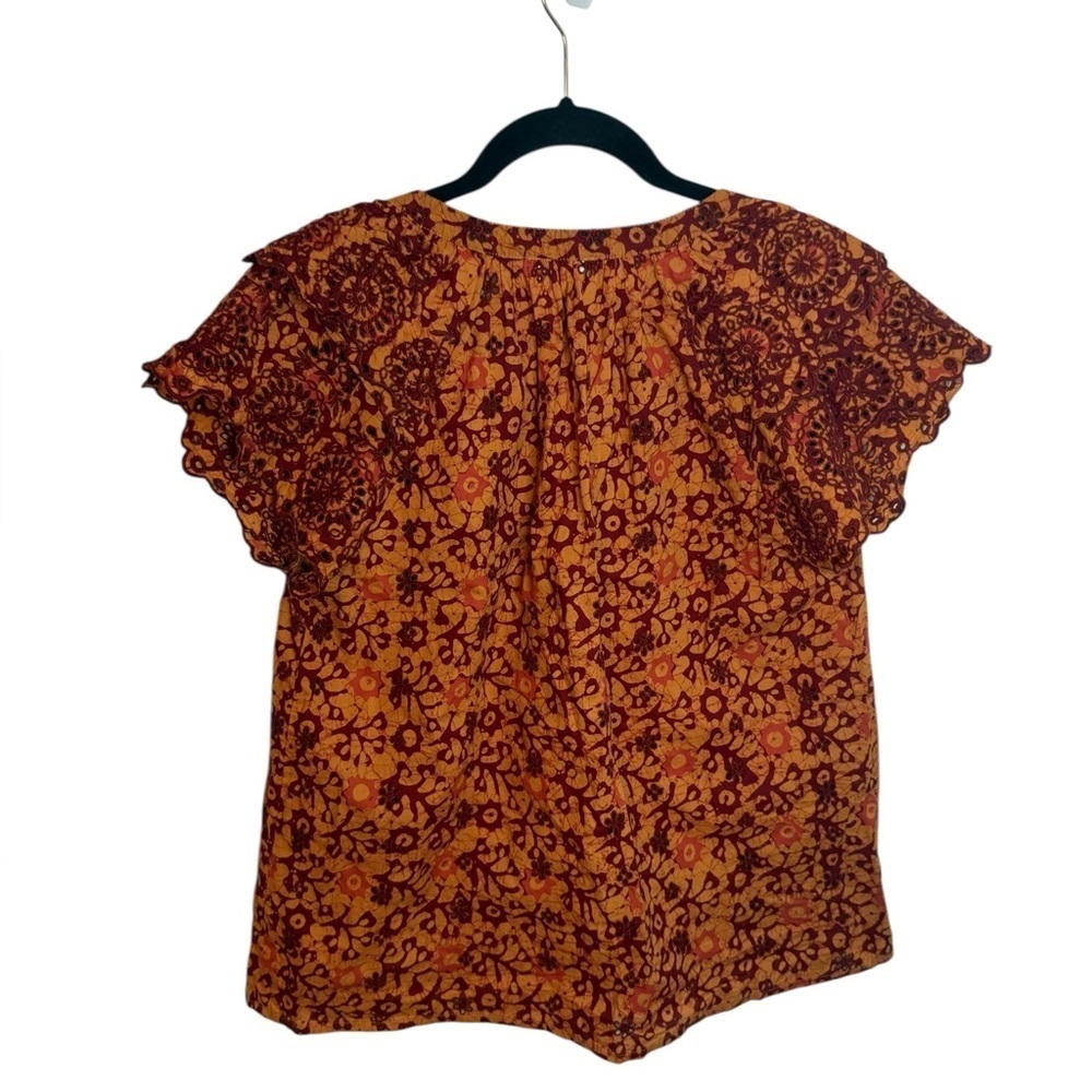 Jennifer & Grace Orange and Maroon Eyelet Flutter Sleeve Boho Blouse - Picture 2 of 6